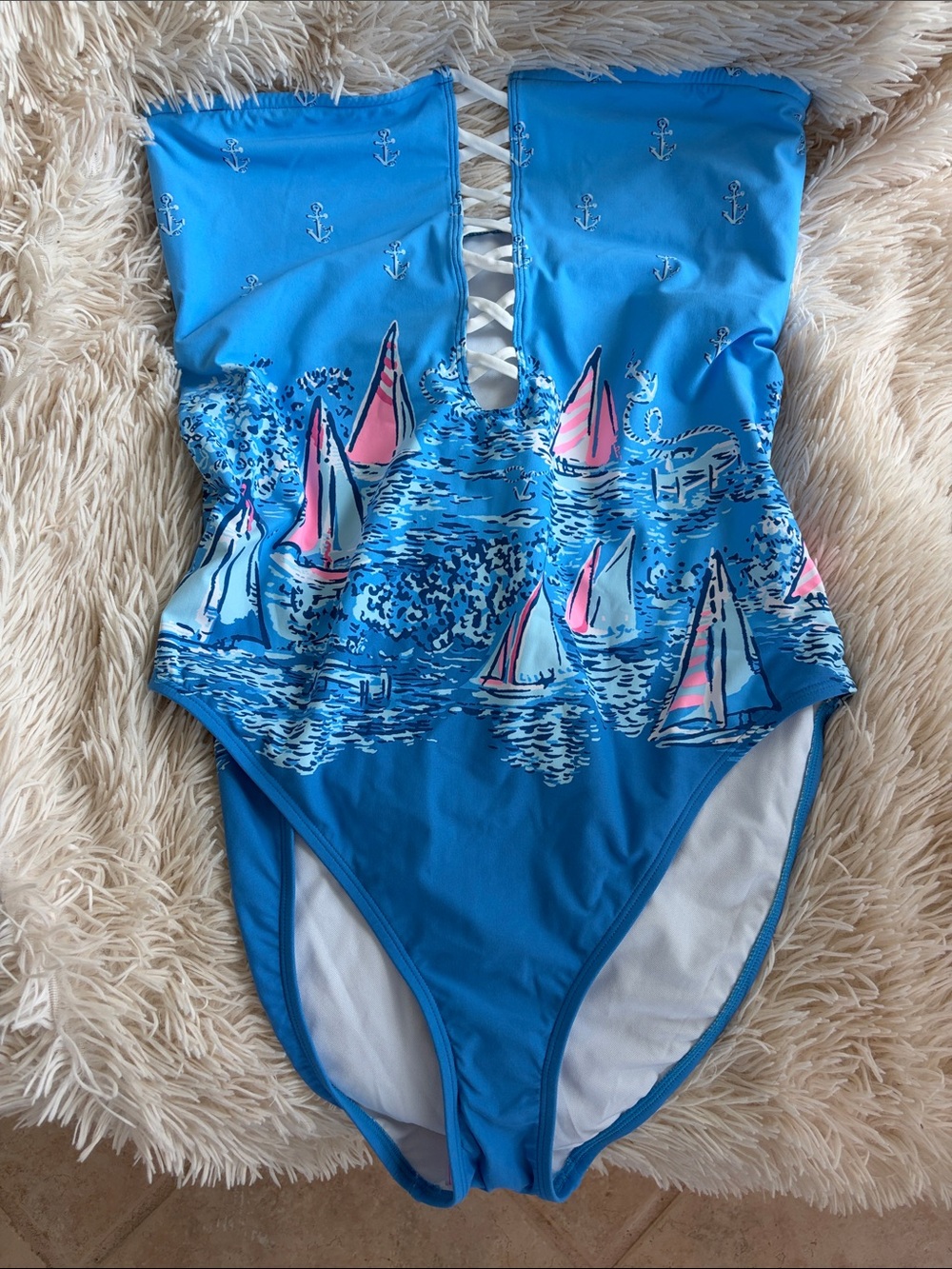 Lilly Pulitzer Blue Nautical Sailboat Lace-Up One-Piece Swimsuit